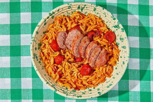 Gebackene Risoni mit Schweinswurst