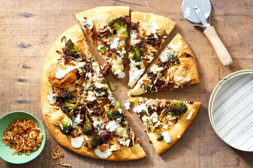 Beef, Broccoli & Caramelized Onion Pizza