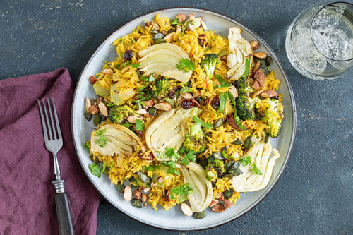 Saffraanpilav met venkel en broccoli