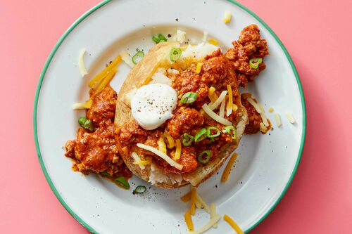 Impossible Ground Chili Stuffed Baked Potato
