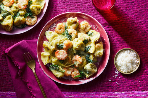 Fast! Pesto Shrimp Tortelloni Alfredo