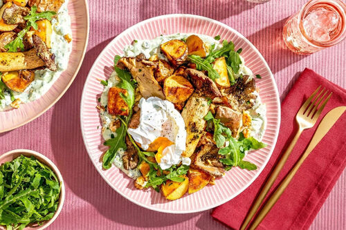 Kräuterseitlinge und pochiertes Ei