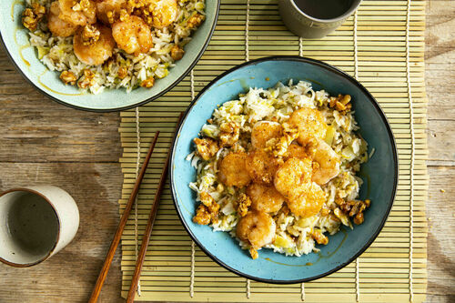 Garnalen met gekaramelliseerde walnoten