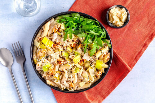 High protein-penne met prei en walnoten