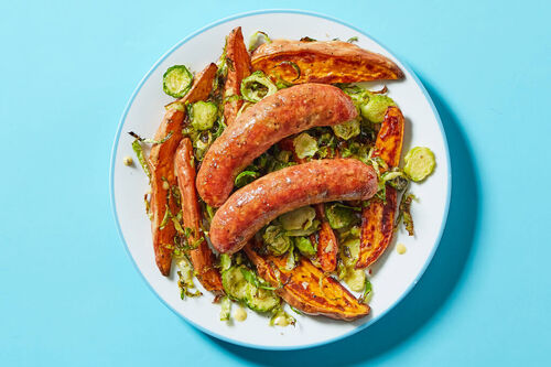 Easy Clean Up! Bratwurst & Sweet Potato Roast