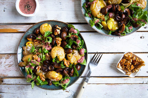 Smashed potatoes met champignons