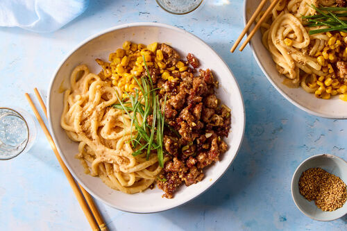 Creamy Miso-Hummus Udon with Crispy Pork
