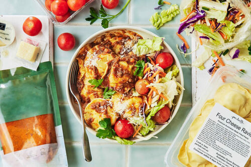 Four Cheese Ravioli Bolognese and Salad