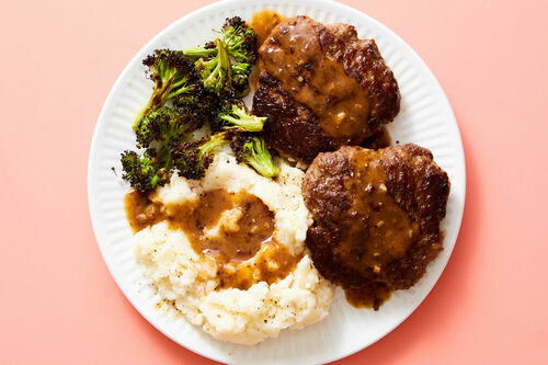 Mini Skillet Meatloaves & Pan Gravy with Mashed Potatoes & Buttery Broccoli
