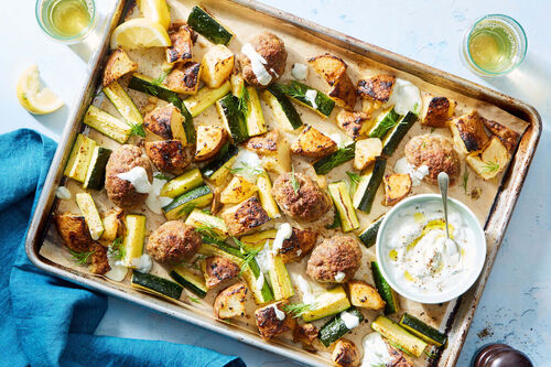 Sheet Pan Lamb Bifteki with Lemon Potatoes