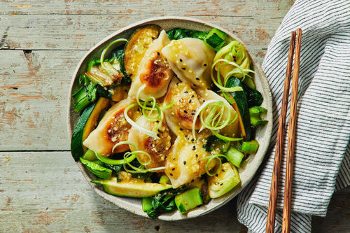 Crispy Pork Gyoza and Pan-Steamed Greens