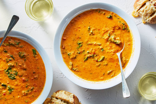 Seared Chicken with Chickpea Red Pepper Soup