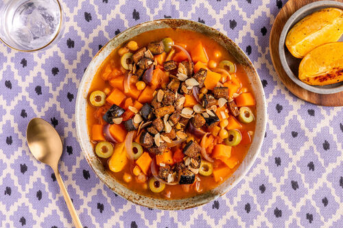 Aubergine-zoete aardappelstoof