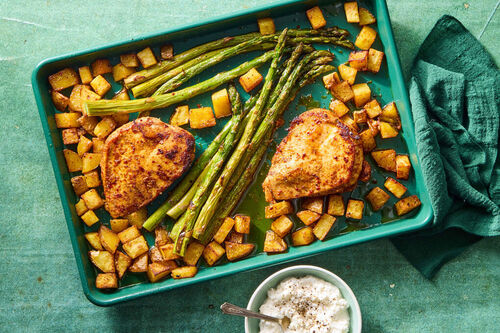 Sheet Pan Harissa Chicken with Feta Sauce