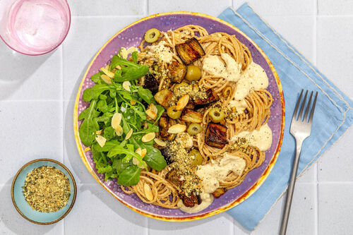 Vegan volkorenspaghetti met aubergine