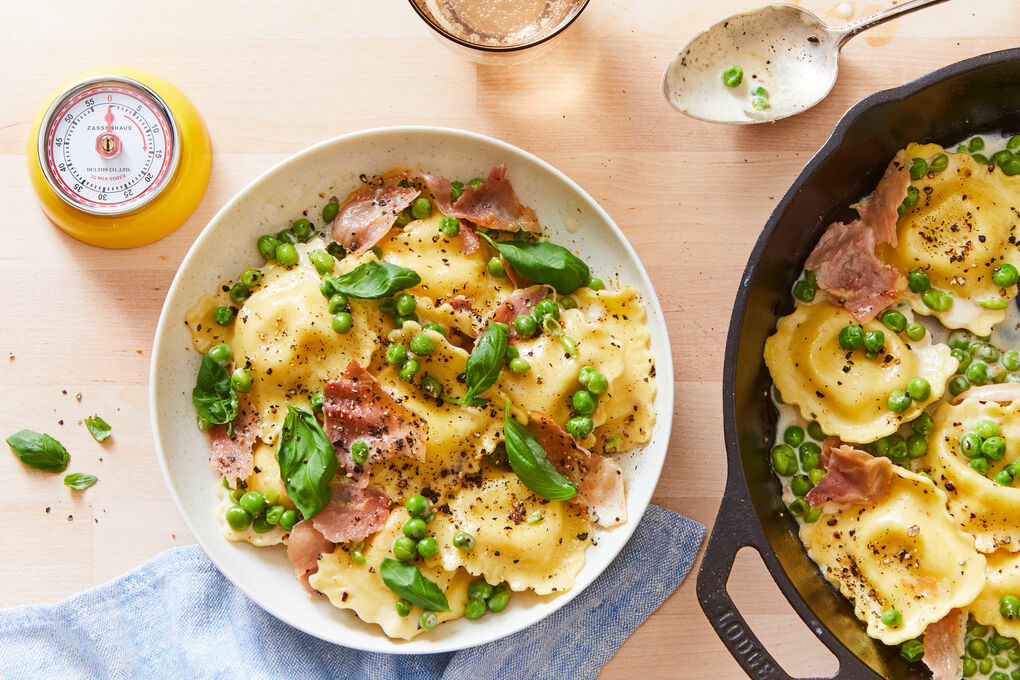 Cheese Ravioli with Prosciutto, Basil & Peas: Cook a fresh meal with almost  no chopping!