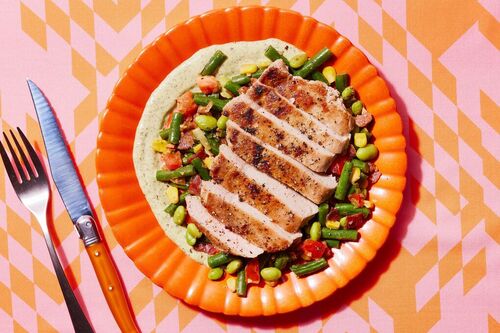 Pan-Roasted Pork Chops & Bacon Succotash