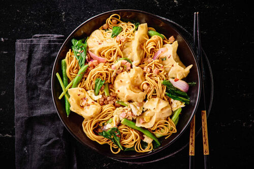 Wok-Tossed Prawn Dumplings and Bacon Noodles