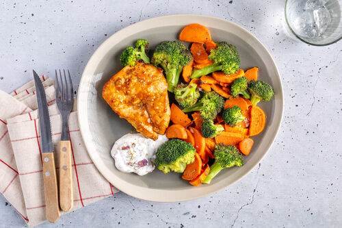 Glasiertes Hähnchen an Röstgemüse