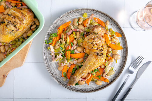 Hähnchenschenkel und Bohnengemüse