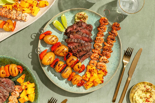 Surf ‘n’ turf met garnalen en bio-rund