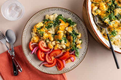 Fijne bloemkool-spinazie ovenschotel