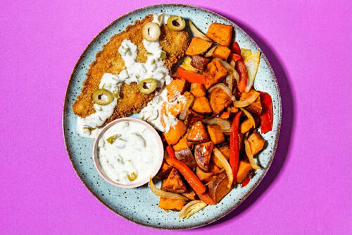 Vega-schnitzel met romige olijvensaus