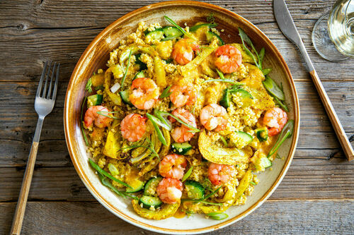 Garnelen auf Fenchel-Gurken-Bulgur