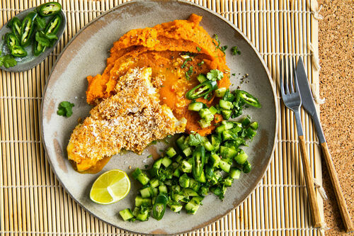 Kokos-heekfilet met zoeteaardappelpuree