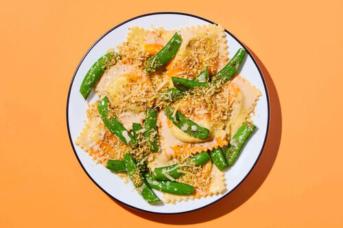 Asparagus-Gruyère Ravioli & Snap Peas