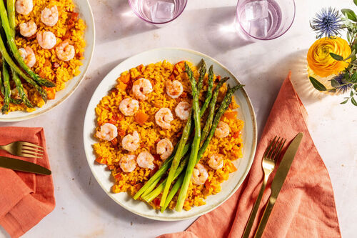 Garnelen-Chorizo-Paella mit grünem Spargel