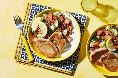 Greek Pork Cutlets & Farro Salad