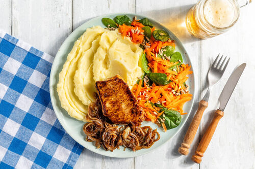 Zwiebel-Schweinesteak mit Kartoffelpüree