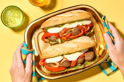 Saucy Meatball & Pepper Grinders with Pesto