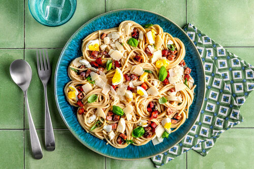 Chorizo-spaghetti met crème fraîche