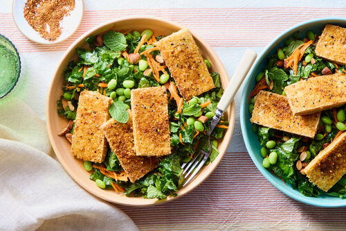 Sesame Kale Salad & Pan-Fried Plant Chicken
