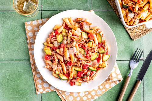 Ovenschotel met pasta en pulled chicken
