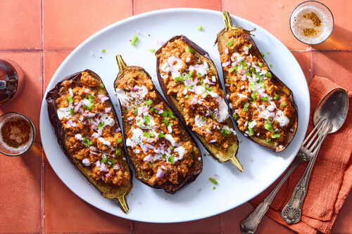 Chicken Keema Stuffed Eggplants