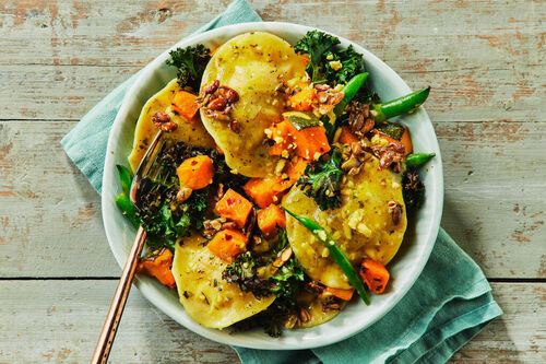 Vegan Pumpkin Ravioli and Crispy Chilli Kale