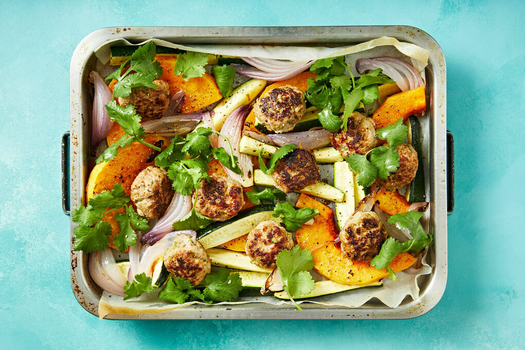 Green Curry Pork Meatball Tray Bake with Pumpkin and Coriander | Dinnerly