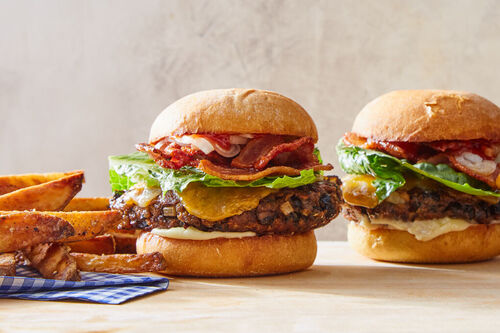 Black Bean Cheeseburger & Sweet Potato Fries