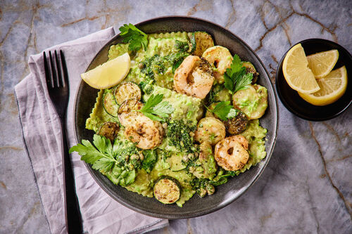 Ravioli, Prawns and Spring Greens