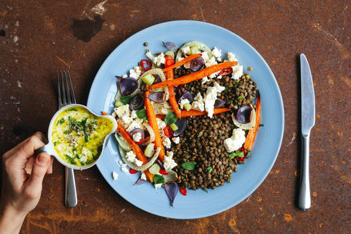 Linzensalade met ovengroente