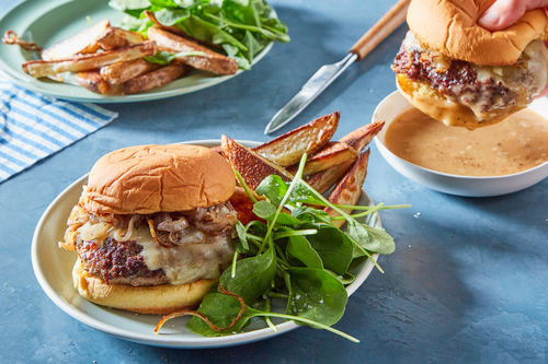 French Dip Turkey Burger & Potato Wedges