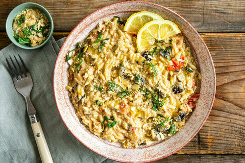 Risoni met aubergine en tomaten