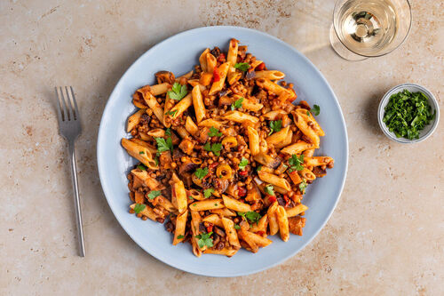 High-protein penne alla caponata