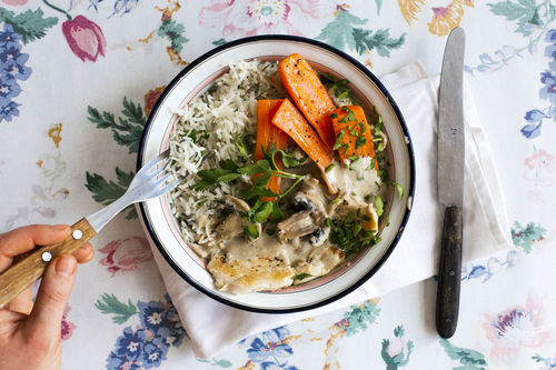 Champignon-kip stroganoff op basmatirijst