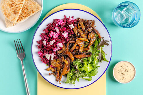 Shoarma-paddenstoelen met volkoren pita