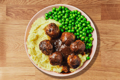 Pork Meatballs with Gravy, Mash and Peas