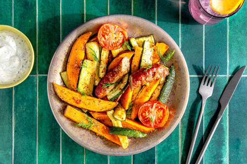 Bio-Rindswurst mit Süßkartoffelgemüse